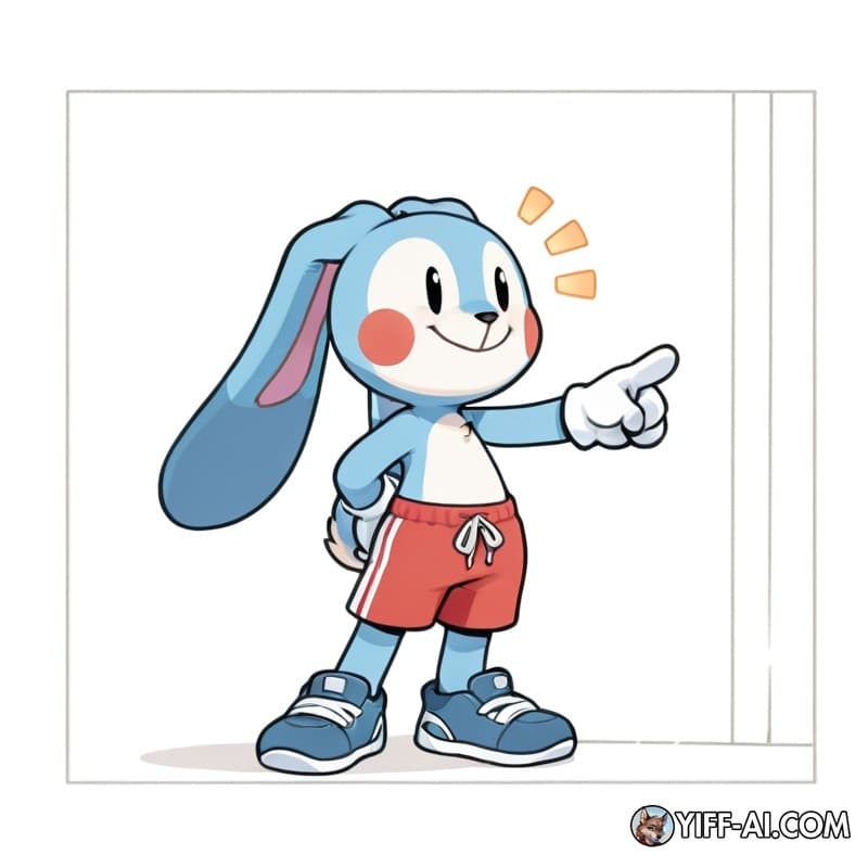 A cute cartoon blue rabbit character, full body, standing front-facing on a plain white background. The rabbit has a round blue head, two very large floppy ears pointing upward and slightly backward, 