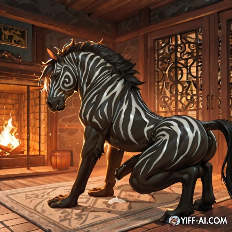 big black horse  with big penis deep fucks a zebra anal ,  black legs ,  huge ears , happy face , 

