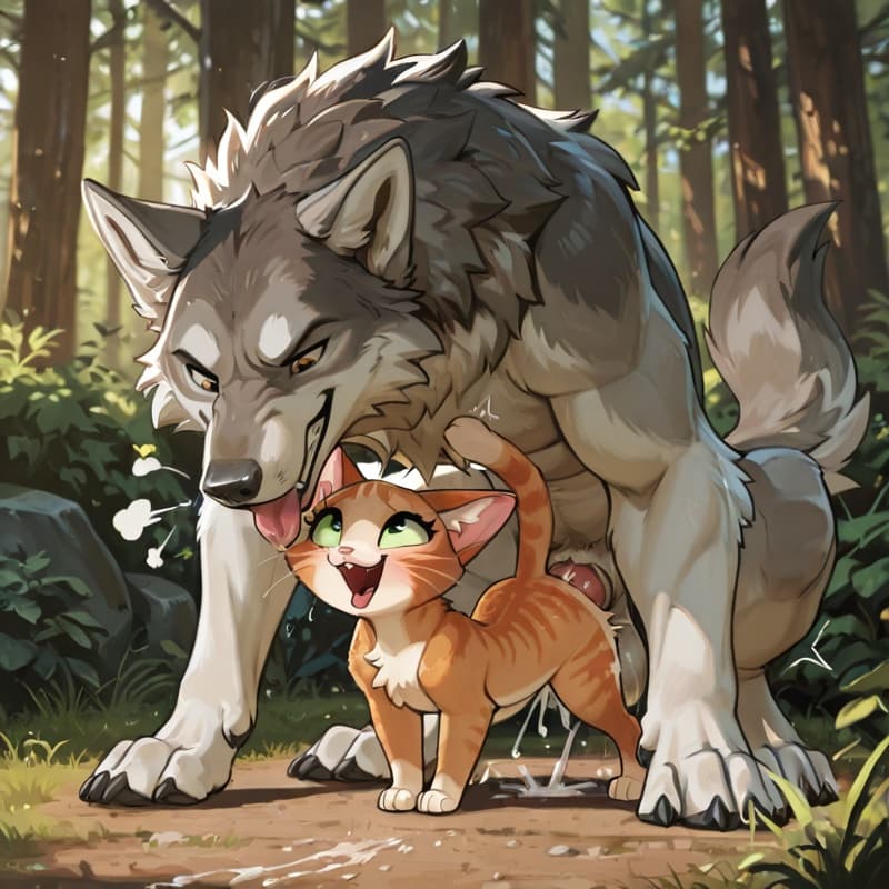  (male wolf squatting) , (female_cat), penetration, (extreme_size_difference:1.3), larger_male, balls_deep,  (playful:1.3), (happy_sex:1.3), (feral_female:1.3), (feral_penetrated:1.3), (vaginal_penetr