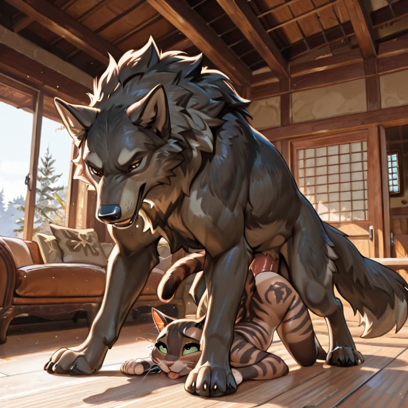 Duo, (Male wolf, huge, (feral:1.3), humanoid_penis), (female house_cat, (feral:1.3)), oral_penetration, feral_on_feral, feral_penetrating_feral, size_difference, larger_male, (female_penetrated:1.3), 