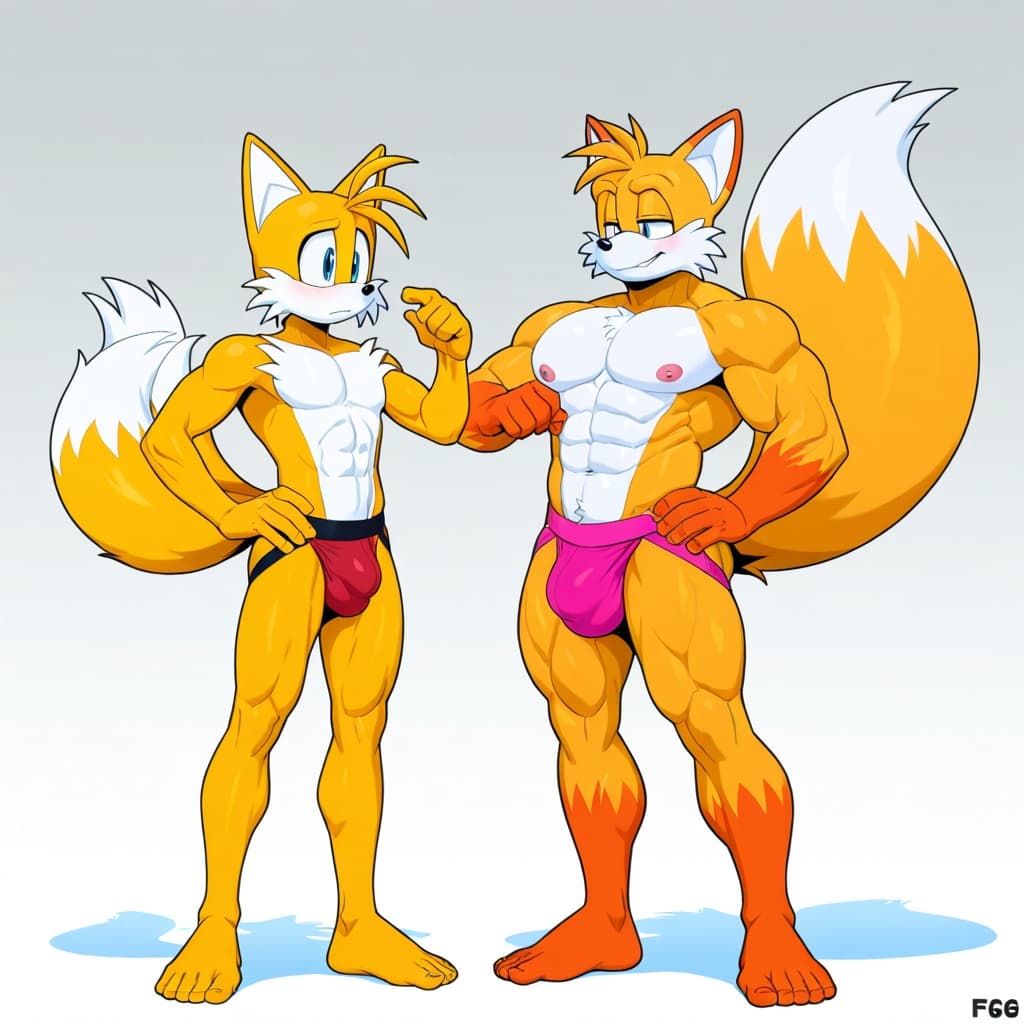 duo, 2 _boys,  male fox, Tails by Sonic, orange_fur,  2_tails, muscular, abs, six-pack,  standing, hand_on_hip,  male fox , Tails_Nine by Sonic, yellow_fur,   2_tails, muscular, abs, six-pack,  standi