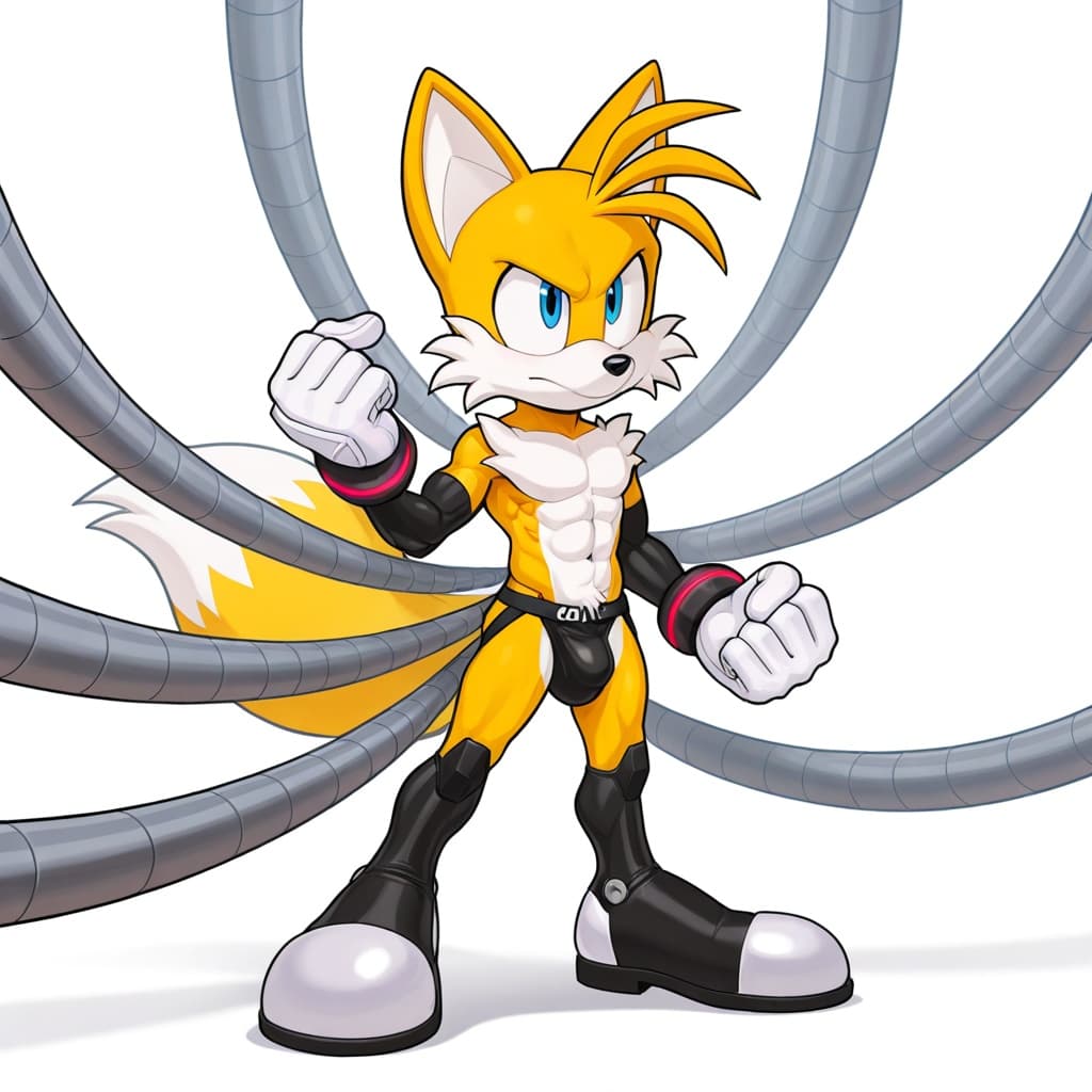 male, solo, anthro, fox, yellow_fur, Tails_Nine_(sonic prime), muscular, abs, six-pack, 2_tails, white_gloves, jockstrap, detailed_bulge, medium_bulge, standing, full_body, three-quarter_view, robotic