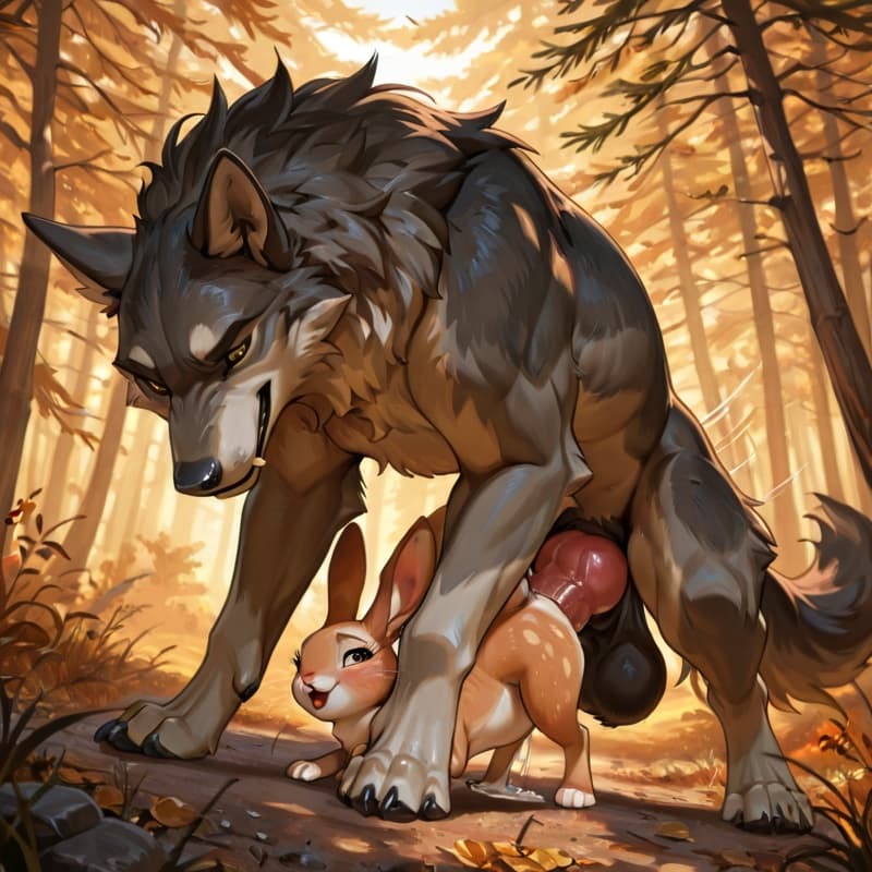 (Male wolf, big_penis,  (feral:1.3)), +(female rabbit (feral:1.3)), male_penetrating, female_penetrated, fully_inside, size_difference, larger_male, extreme_size_difference, extreme_penetration, 