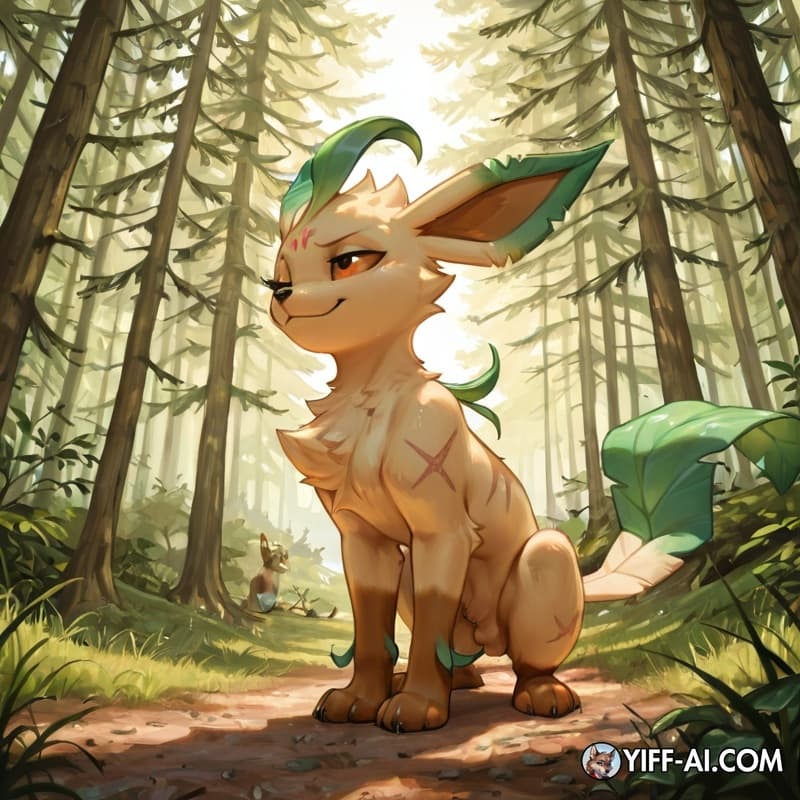 Generate-full-body-back-view-of-a-Leafeon-Pokémon-character-named-Verdant-seen-from-behind-facing-away-from-viewer-with-his-broad-flat-leaf-shaped-tail-raised-high-and-curved-slightly-forward-in-an-ex
