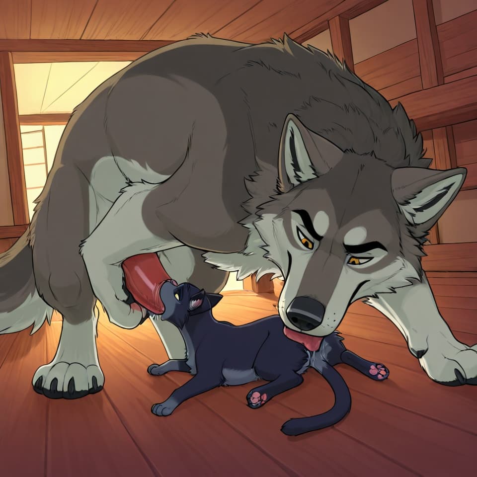 (Male wolf, huge, (feral:1.3), humanoid_penis), (female house_cat, (feral:1.3)), oral_penetration, feral_on_feral, feral_penetrating_feral, size_difference, larger_male, random_position,