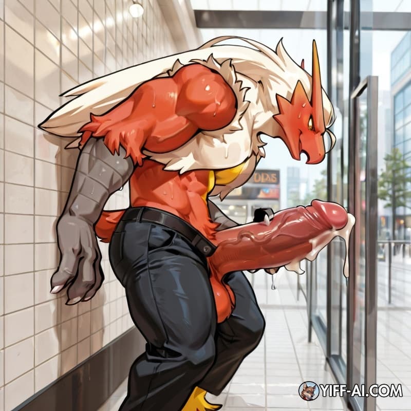 Male_blaziken, muscular_anthro, hyper_muscles, big_hands, big_feet, hyper_genitalia, leaking_cum, mall,  exhibitionism, sweat, open_pants, leaning_against_wall, touching_penis, 