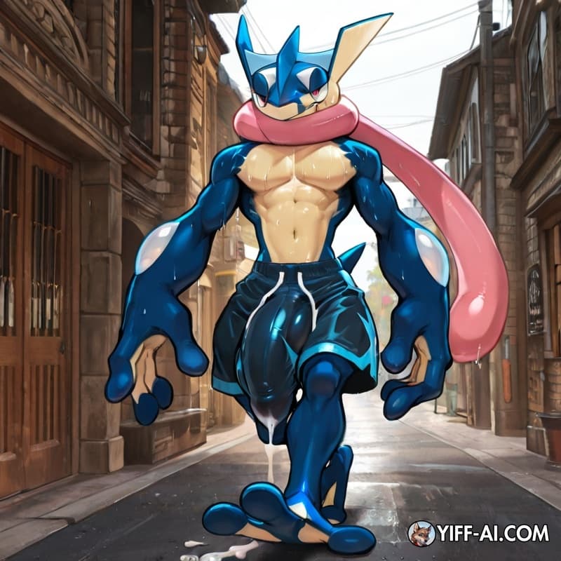 Male_greninja, muscular_anthro, big_hands, big_feet, walking, hyper_genitalia, street,  smirk, sweat, big_bulge, shorts. leaking_cum, 