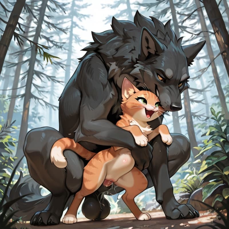  male wolf, squatting , (female_cat), penetration, size_difference, larger_male, balls_deep,  (playful:1.3), (happy_sex:1.3), (feral_female:1.3), (feral_penetrated:1.3), vulva, vaginal_penetration,