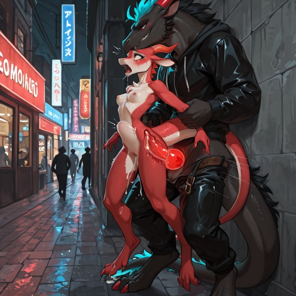 by_sterr, male/female, duo, detailed_fur, female_dragon, female, red_female, small_breasts, breasts, exposed_breasts, exposed_pussy, furred_dragon, digitigrade, three_toes, clawed_feet, bouncing_breas