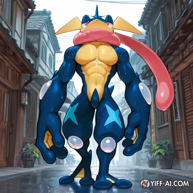 Male_greninja, muscular_anthro, big_hands, big_feet, sweat, nude, proud, three-quarter_view, walking, street, 