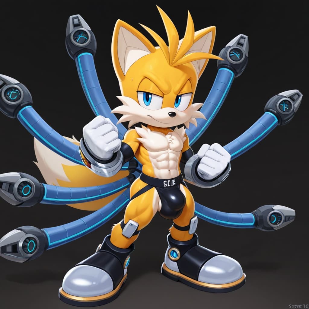 male, solo, anthro, fox, yellow_fur, Tails_Nine_(sonic prime), muscular, abs, six-pack, 2_tails, white_gloves, jockstrap, detailed_bulge, medium_bulge, standing, full_body, three-quarter_view, robotic