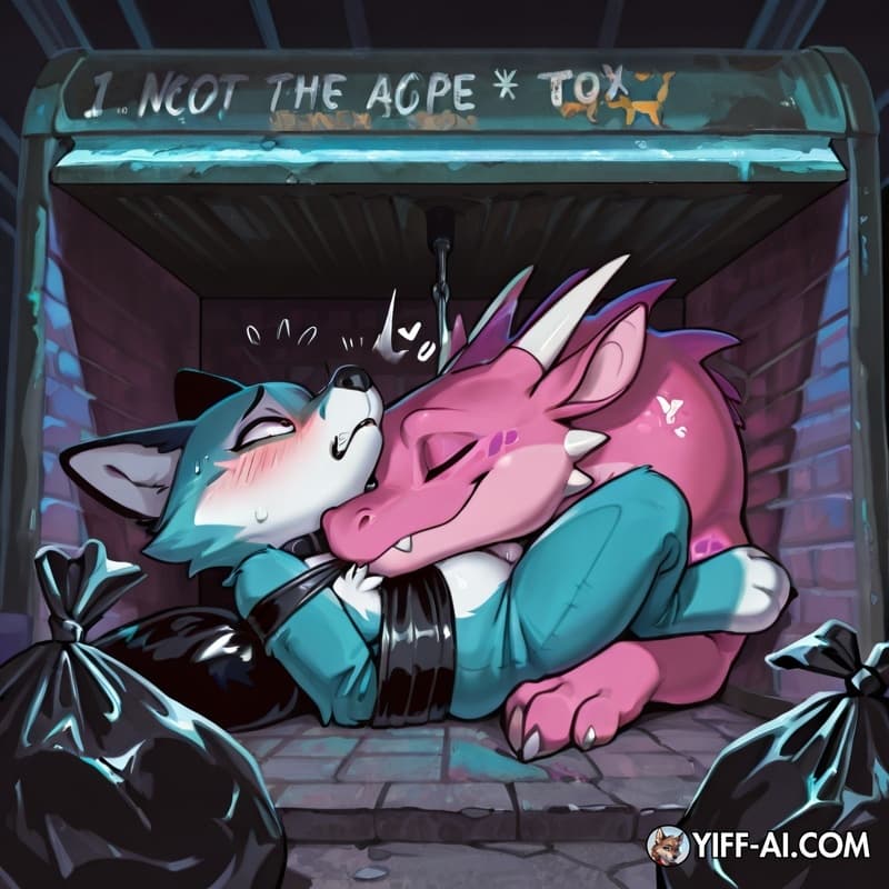 It is a Duo the bottom is a teal femboy looking Fox and the top is a black neon blue purple and pink dragon cute looking the dragon has the fox tied up to a dumpster next to a club and is throat fucki
