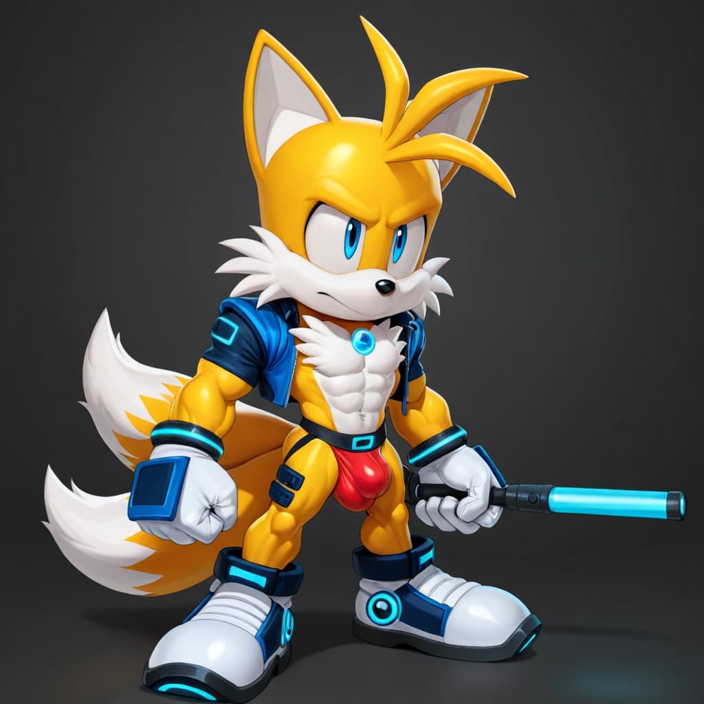 male, solo, anthro, fox, yellow_fur, Tails_Nine_(sonic prime), muscular, abs, six-pack, 2_tails, white_gloves, jockstrap, detailed_bulge, medium_bulge, standing, full_body, three-quarter_view, robotic