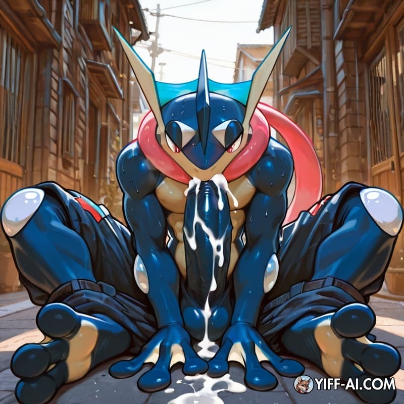 Male_greninja, muscular_anthro, big_hands, big_feet, hyper_genitalia, big_erection, street, autofellatio, sweat, leaking_cum, heat, pants_down, lying_on_ground, 