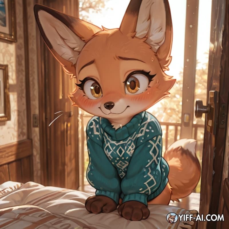 Cute fox girl with sweater on with huge brown_body, furry color black