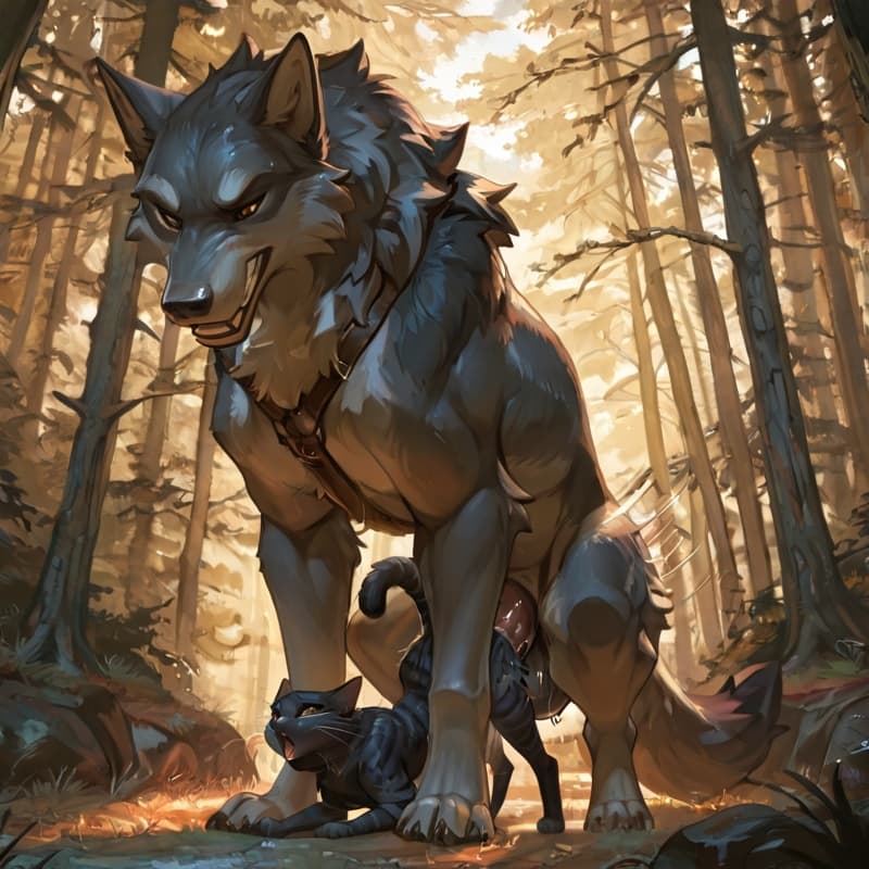 (Male wolf big_penis (feral:1.3)), +(female cat (feral:1.3)), male_penetrating, female_penetrated, fully_inside, larger_male, (extreme_size_difference:1.3), (extreme_penetration:1.3), 