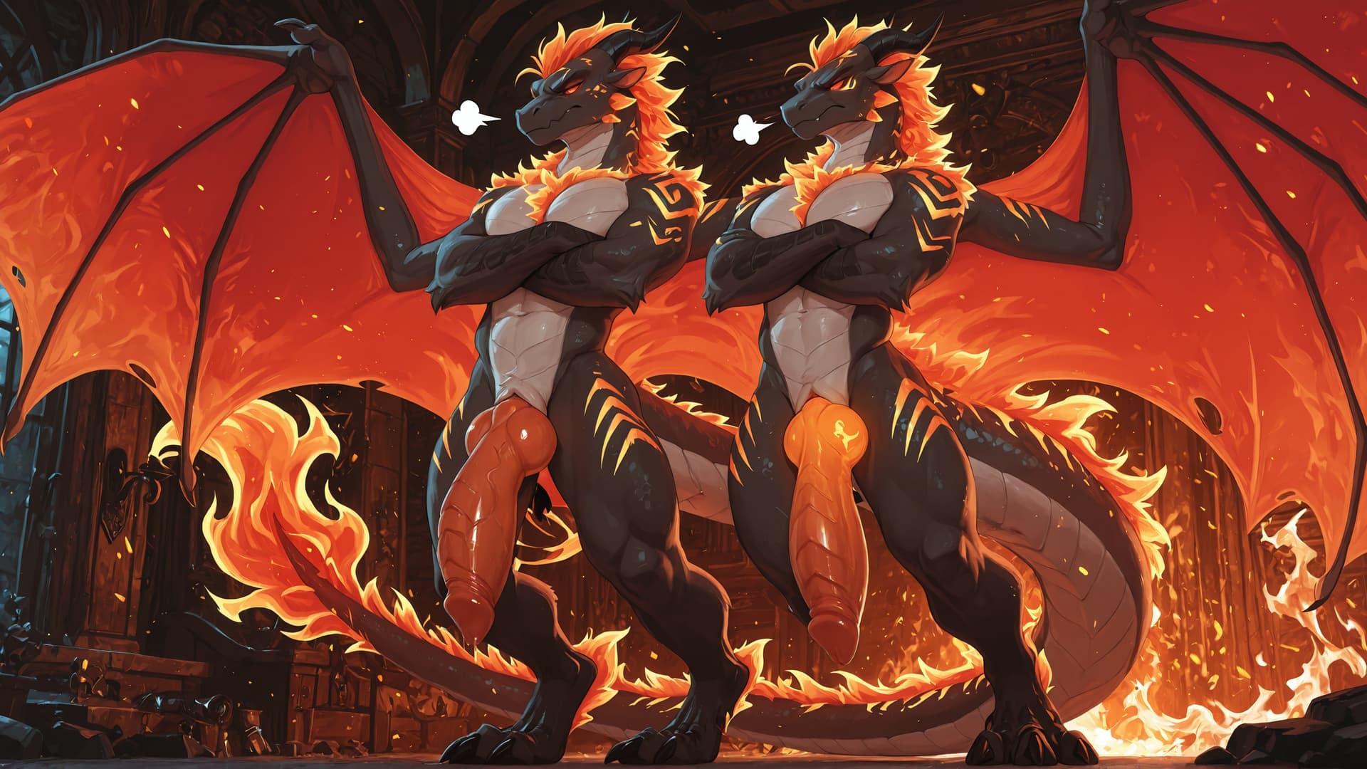 by_kluclew, solo, solo, demonic, anthro, dragon, vantablack_fur, furred_dragon, furry_tail, digitigrade, three_toes, clawed_feet, fire_mane, fire_spine, runic_markings, glowing_markings, glowing_eyes,