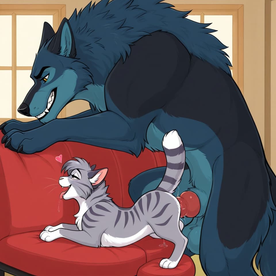 Duo, (Male wolf, huge, (feral:1.3), humanoid_penis), (female house_cat, (feral:1.3)), oral_penetration, feral_on_feral, feral_penetrating_feral, size_difference, larger_male, (female_penetrated:1.3),