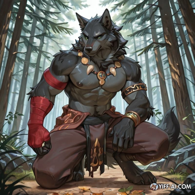 Umbra, a mature anthropomorphic black wolf warrior with a lean muscular build and grounded proportions. Thick layered black fur with dark charcoal gray accents across the chest and muzzle. Emerald gre