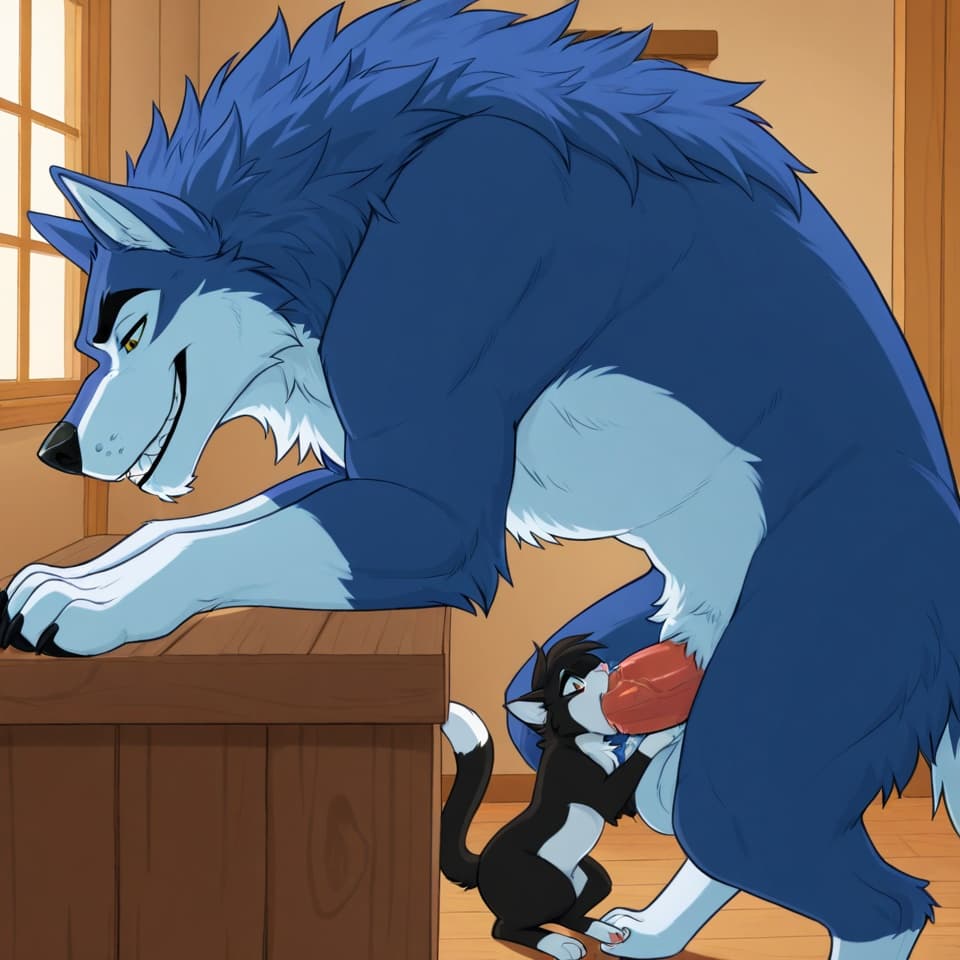 Duo, (Male wolf, huge, (feral:1.3), humanoid_penis), (female house_cat, (feral:1.3)), oral_penetration, feral_on_feral, feral_penetrating_feral, size_difference, larger_male, (female_penetrated:1.3),