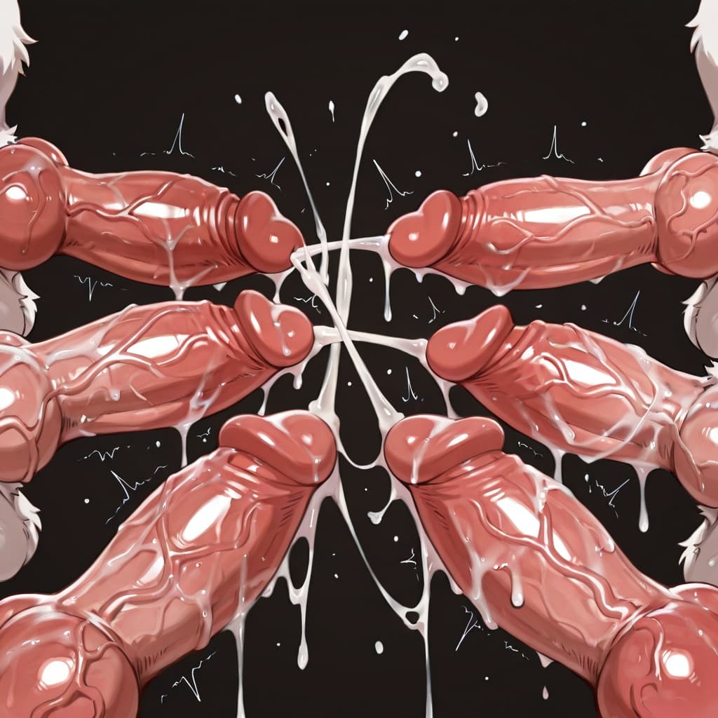 penis, penis_everywhere, several_penises, canine_penis, knotted_penis, knotted_penis, black_background, ejaculation, excessive_cum, cum_everywhere, 