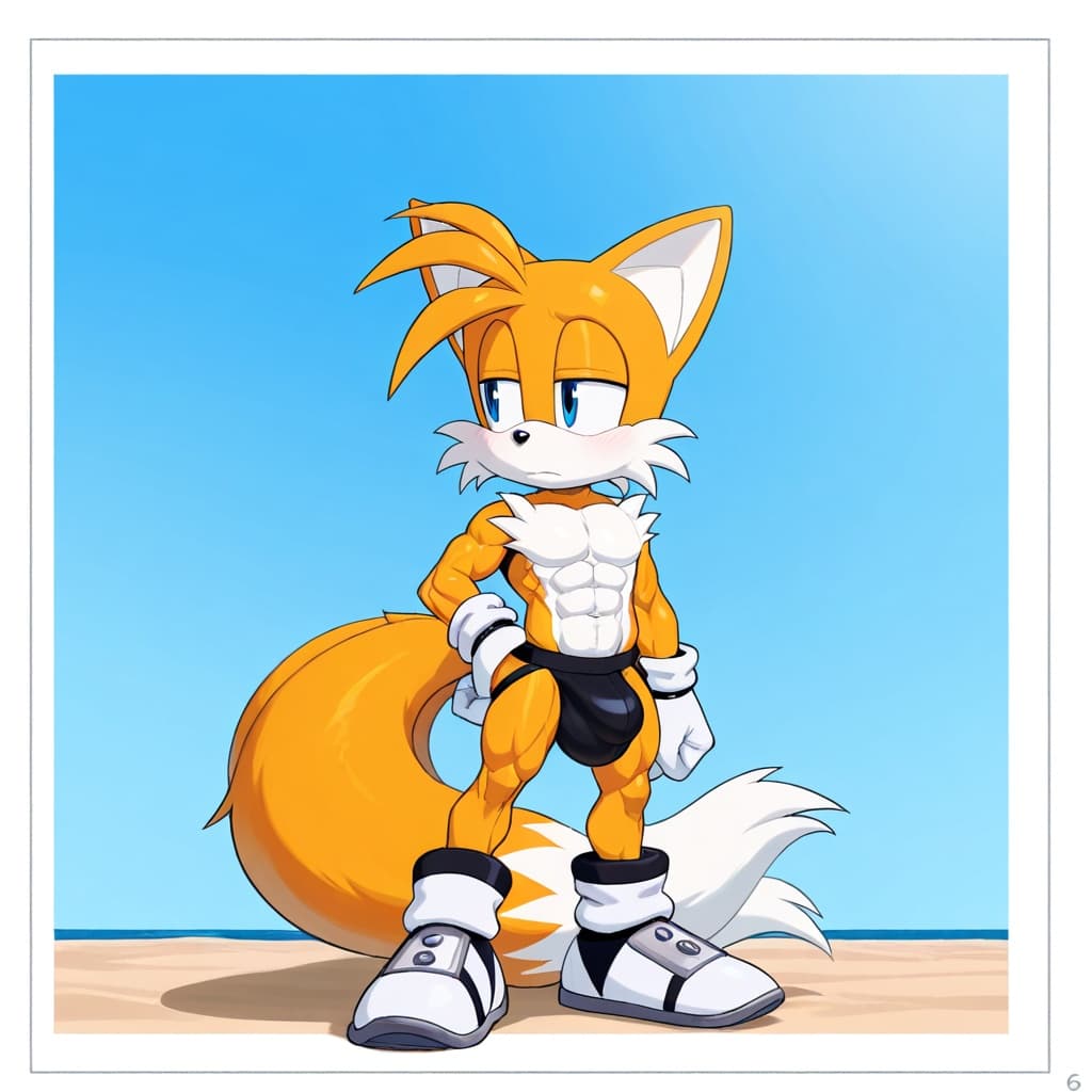 duo, 2 _boys, male fox, Tails by Sonic, orange_fur, 2_tails, muscular, abs, six-pack, standing, hand_on_hip, male fox , Nine by Sonic, yellow_fur, 2_tails, muscular, abs, six-pack, standing, j