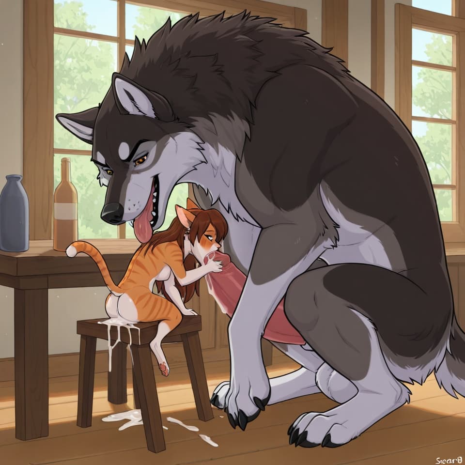 (Male wolf, huge, (feral:1.3), humanoid_penis), (female house_cat, (feral:1.3)), oral_penetration, feral_on_feral, feral_penetrating_feral, size_difference, larger_male, drinking_cum, male_penetrating
