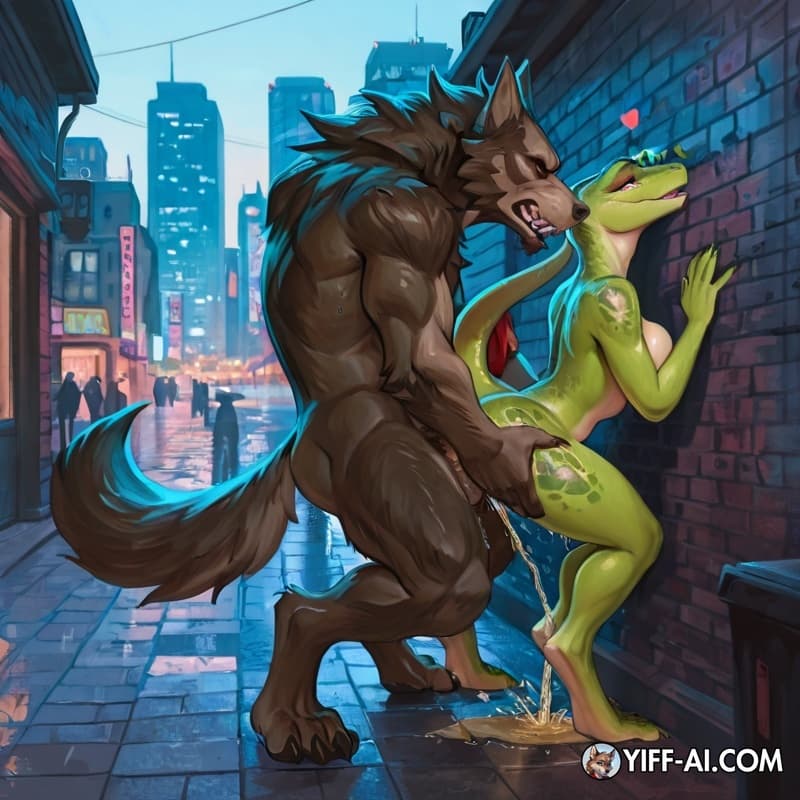 male, Werewolf, female, Lizard, nude_anthro, city_background, sex, public_sex, peeing_on_another, one_male, one_female