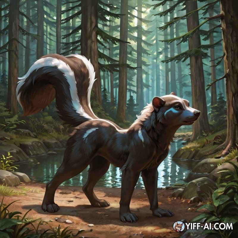 Solo, nude_female, realistic_feral, skunk, forest