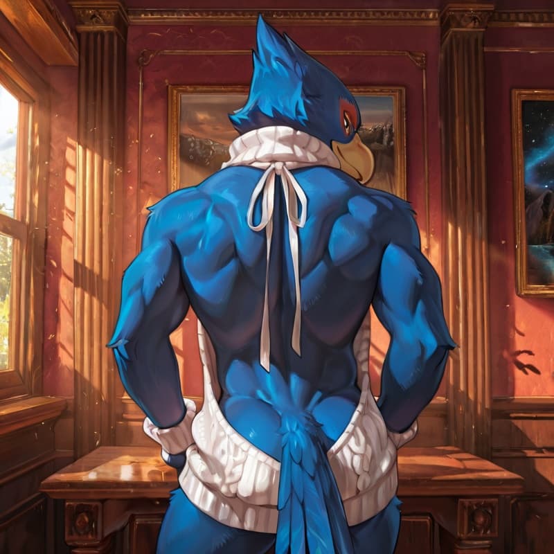 solo, anthro, male, avian, star_fox, Falco_lombardi, looking_at_viewer, virgin_killer_sweater, standing, back, back_muscles, rear_view, 