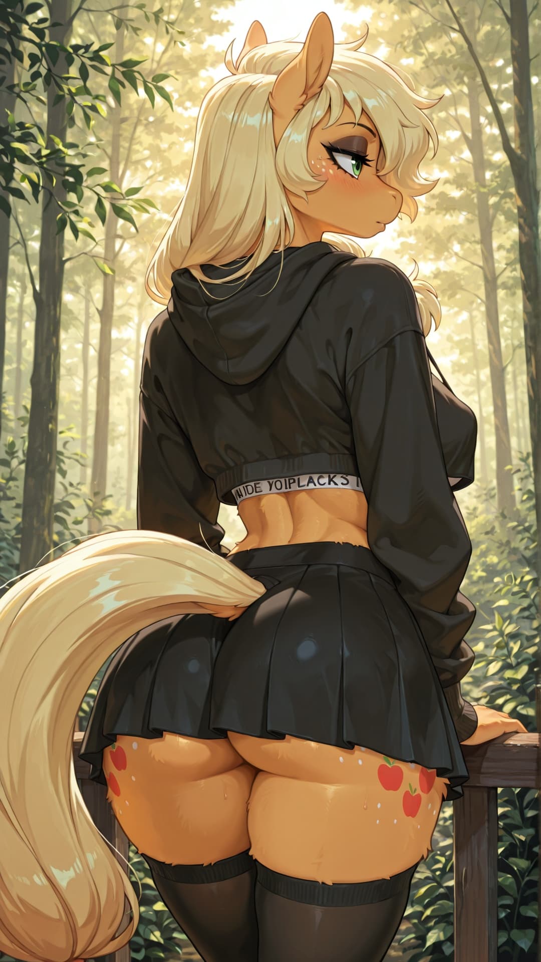 by jabrikka:1.3 voluptuous, anthro_pony applejack Hair_over_eye, perky_breasts thigh_highs, skirt, cropped_hoodie, black_makeup, messy_hair, forest_background, forest_at_night, bedroom_eyes, sports_br