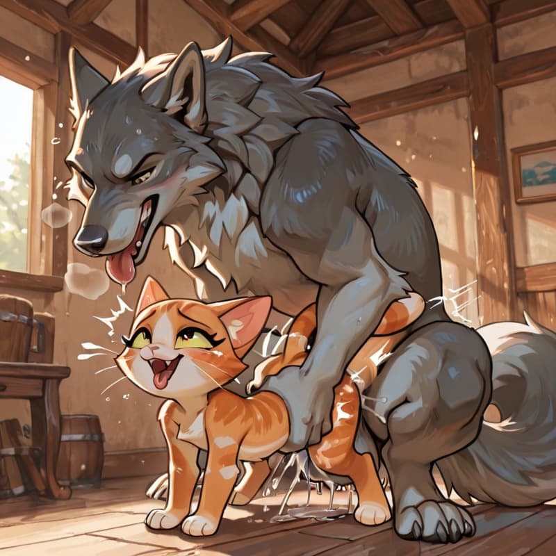  (male wolf squatting) , (female_cat), penetration, (extreme_size_difference:1.3), larger_male, balls_deep,  (playful:1.3), (happy_sex:1.3), (feral_female:1.3), (feral_penetrated:1.3), (vaginal_penetr