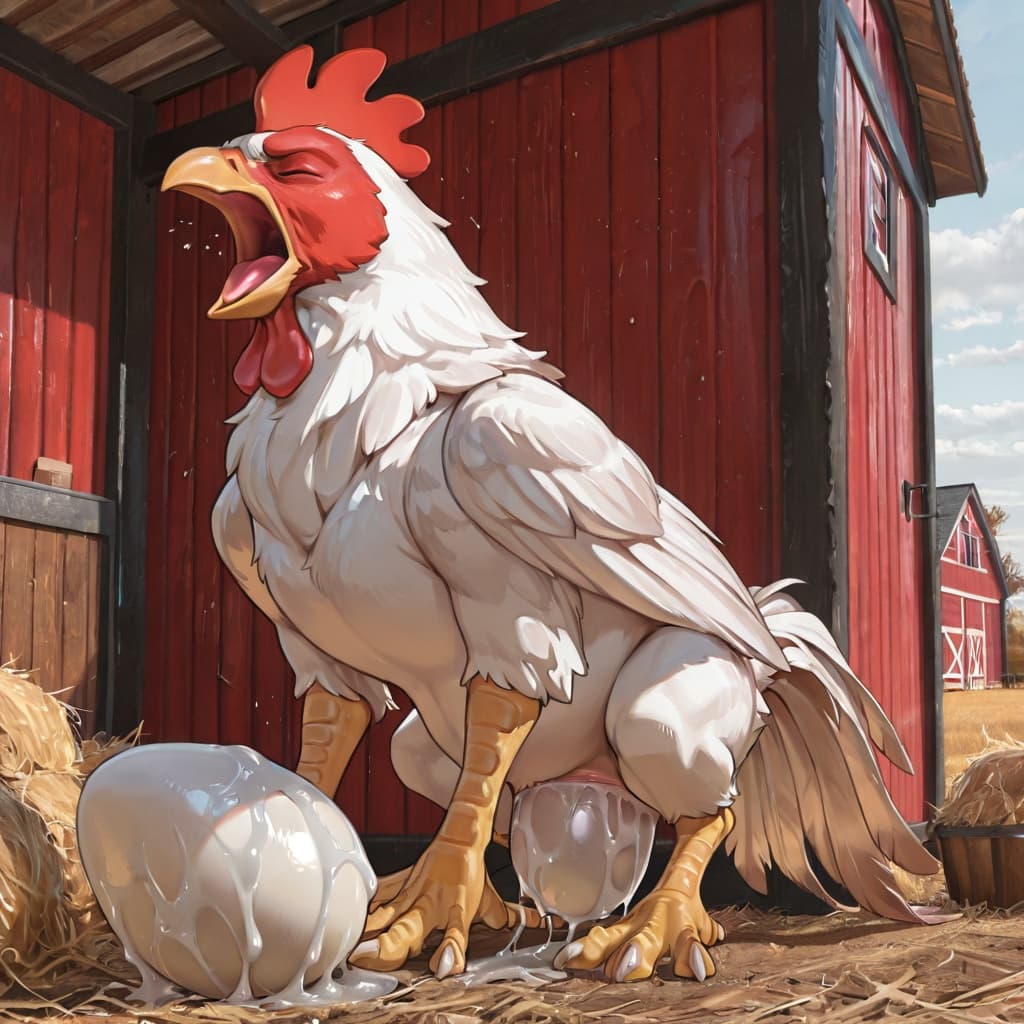 solo, (feral:1.3), avian, white_feathers, chicken, barn, outside,  oviposition, egg, egg_laying, straining, pain, presenting_hindquarters, screaming,  blocked_egg, tape, 