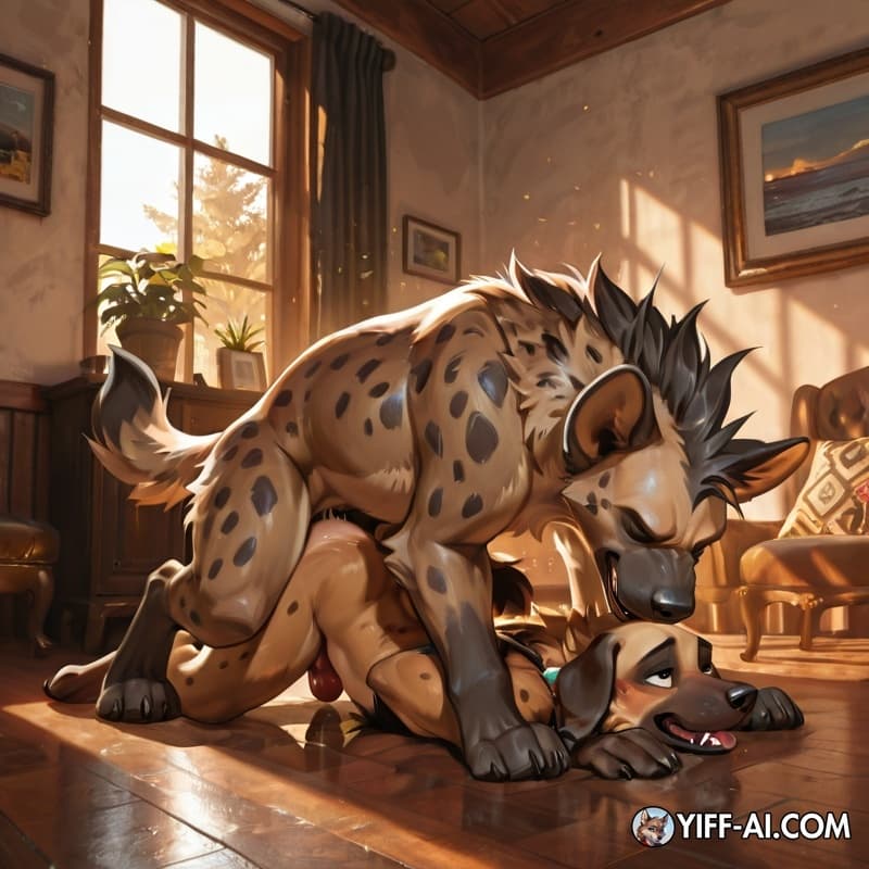 feral_penetrating_anthro, male/male, hyena, dog, on floor,