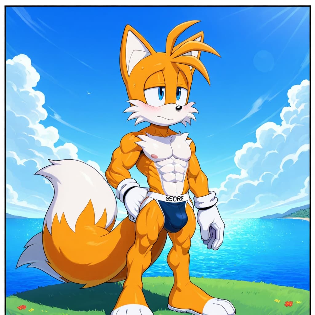 duo, 2_boys, male fox, Tails by Sonic, orange_fur, 2_tails, muscular, adult anatomy, abs, six-pack, standing, hand_on_hip, male fox , Tails_Nine by Sonic, yellow_fur, 2_tails, muscular, adult an