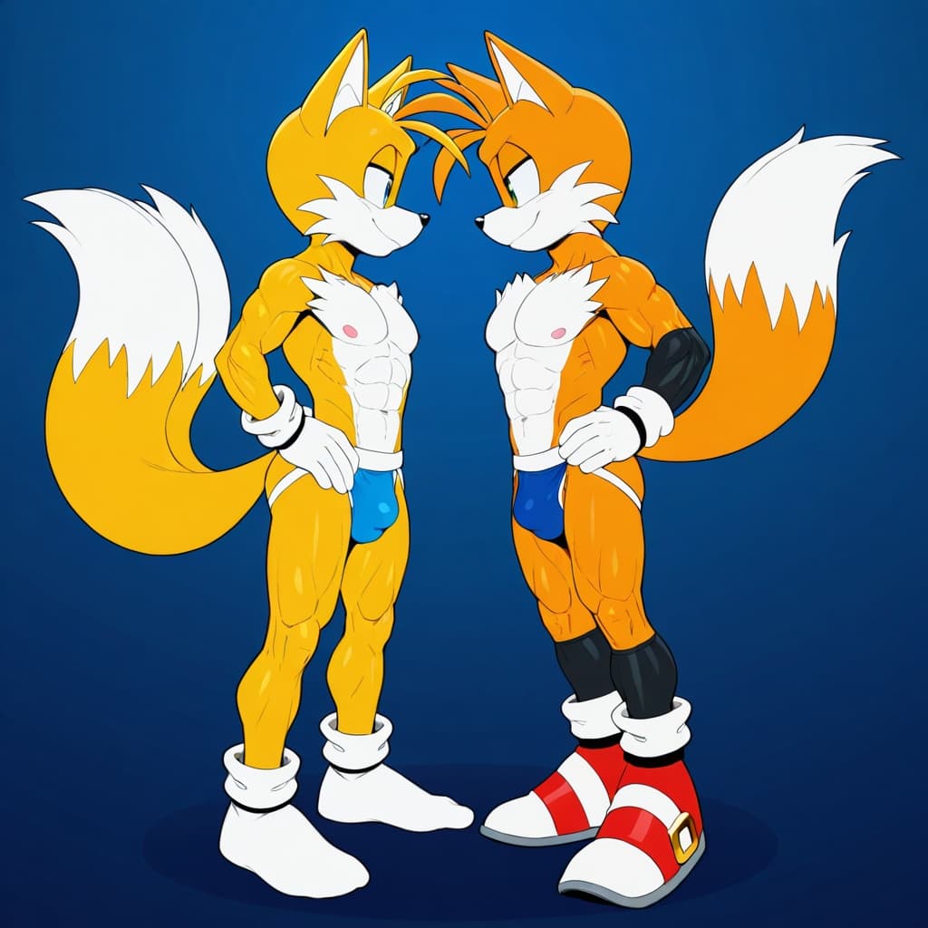 duo, 2 _boys, male fox, Tails by Sonic, 2_tails, muscular, abs, six-pack, standing, hand_on_hip, male fox , Tails Nine by Sonic, 2_tails, muscular, abs, six-pack, standing, jockstrap, bulge, fac