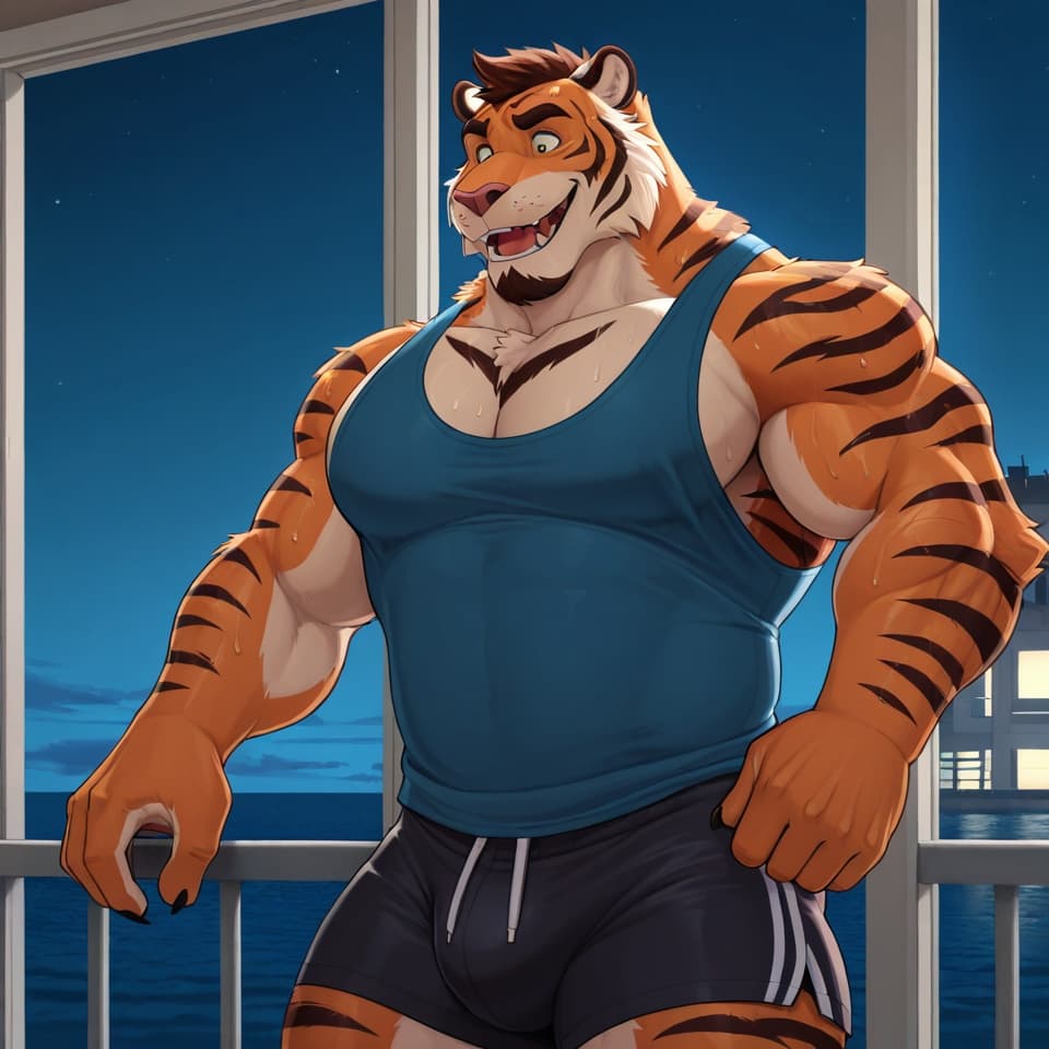 solo, anthro, tiger, bear, male, muscular, orange_fur, brown_stripes, white_vitiligo, goatee, short_fade_haircut, unbuttoned_guayabera_shirt, dark_pants, one_arm_around, guiding, dominant, confident,