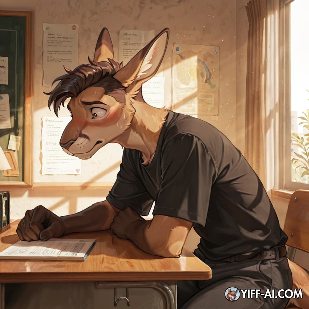 Anthro kangaroo, short, male, thin, light brown fur, short dark brown hair, black_t-shirt, pants, anxious face, at a desk