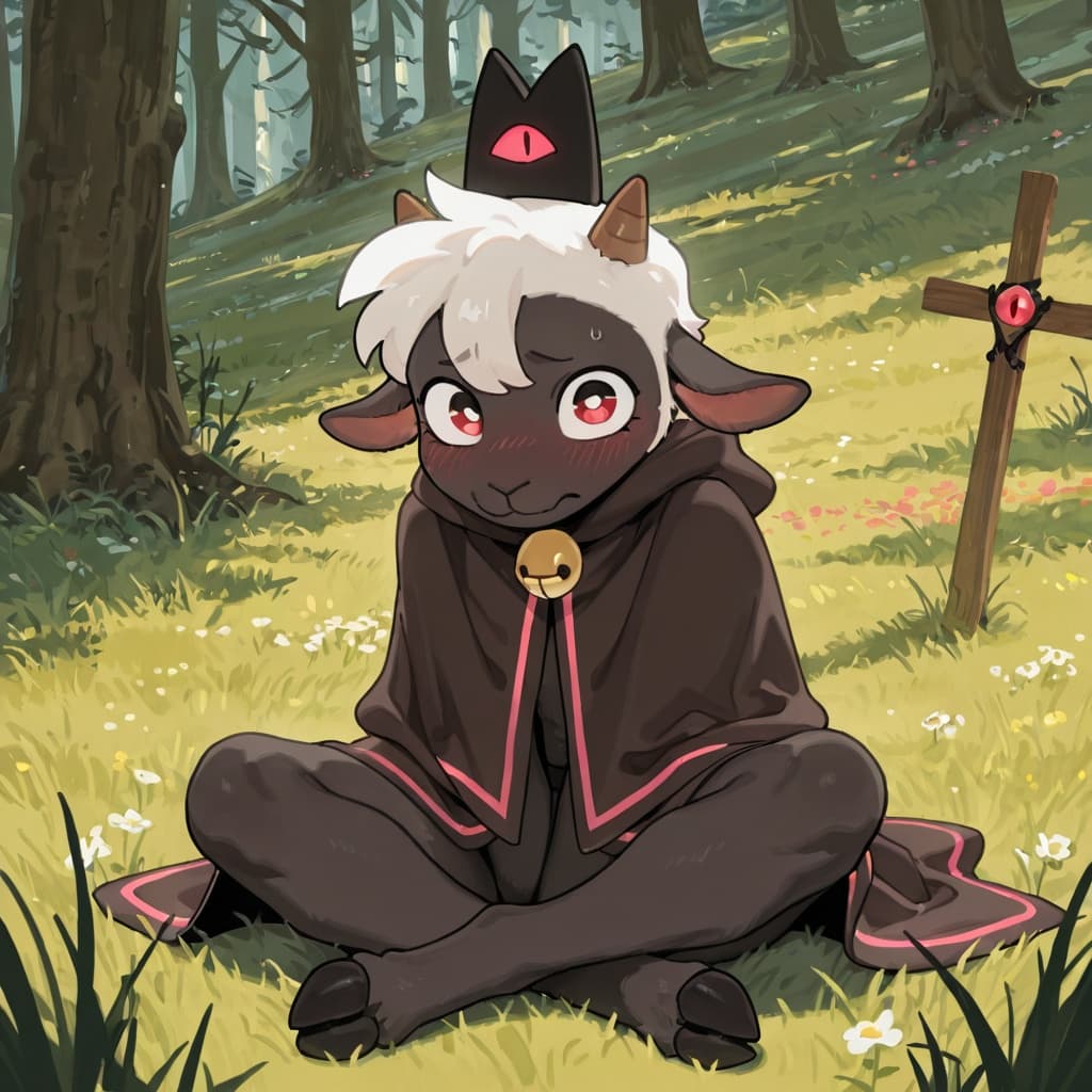 (by bebebebebe:1.3), male, hair, (lamb_(cult_of_the_lamb) cloak_only), (black_fur, white_hair), sitting, crossed_legs, blushing_at_viewer, outdoors, grass, (sitting cross-legged), (sitting on grass),