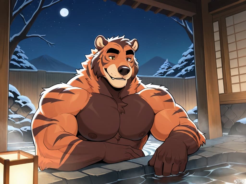 masterpiece, best_quality, ultra_detailed, highres,
muscular_orange_tiger and brown bear in the center of a large hot spring,
other muscular furry warriors around them watching, steam, night, torche