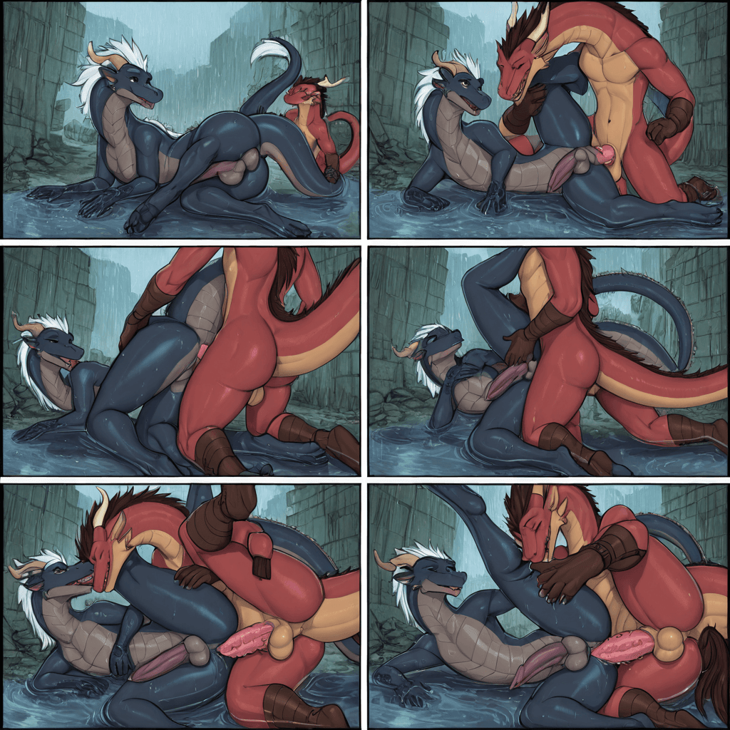 By Narse, By Tojo the thief, By Zonkpunch , by Etheross Feral, eastern dragon , serpent, sheathed_tapering_penis, spiked_penis, testicles, belt_pouch, belt leg duo_focus, butt, anus, ruins, Playful,