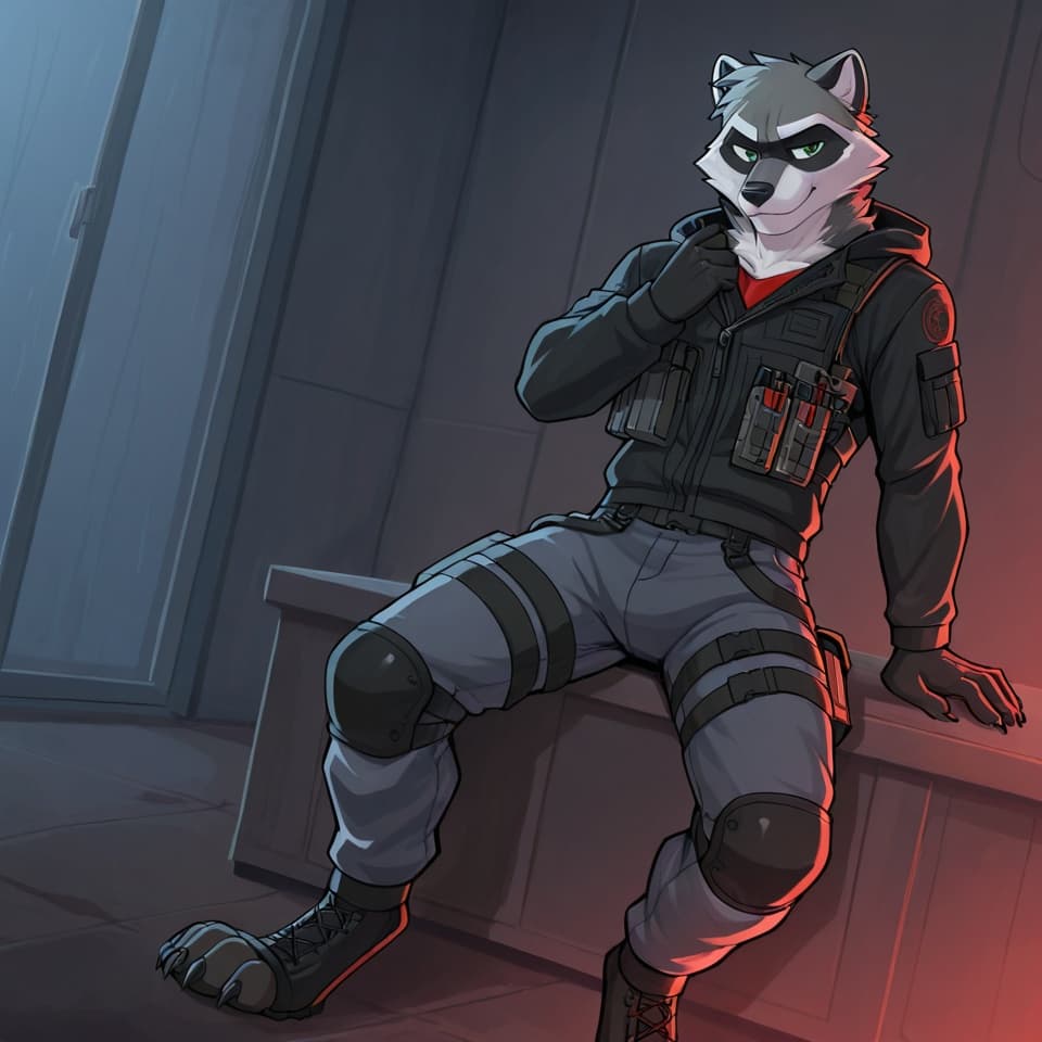 Anime_style, solo, male,raccoon_furry, black_fur, black_mask_pattern_around_eyes, normal_hair,wing_green_eyes, wearing_open_black_hooded_jacket, red_circuit_pattern_shirt,gray_tactical_cargo_pants_wit