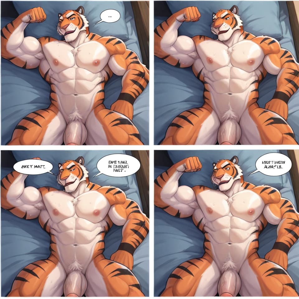 masterpiece, best_quality, ultra_detailed, highres, explicit_bara_yiff, comic style, comic page layout,
muscular orange tiger with black stripes and soft round belly (PapiTigre) and muscular male (Yun