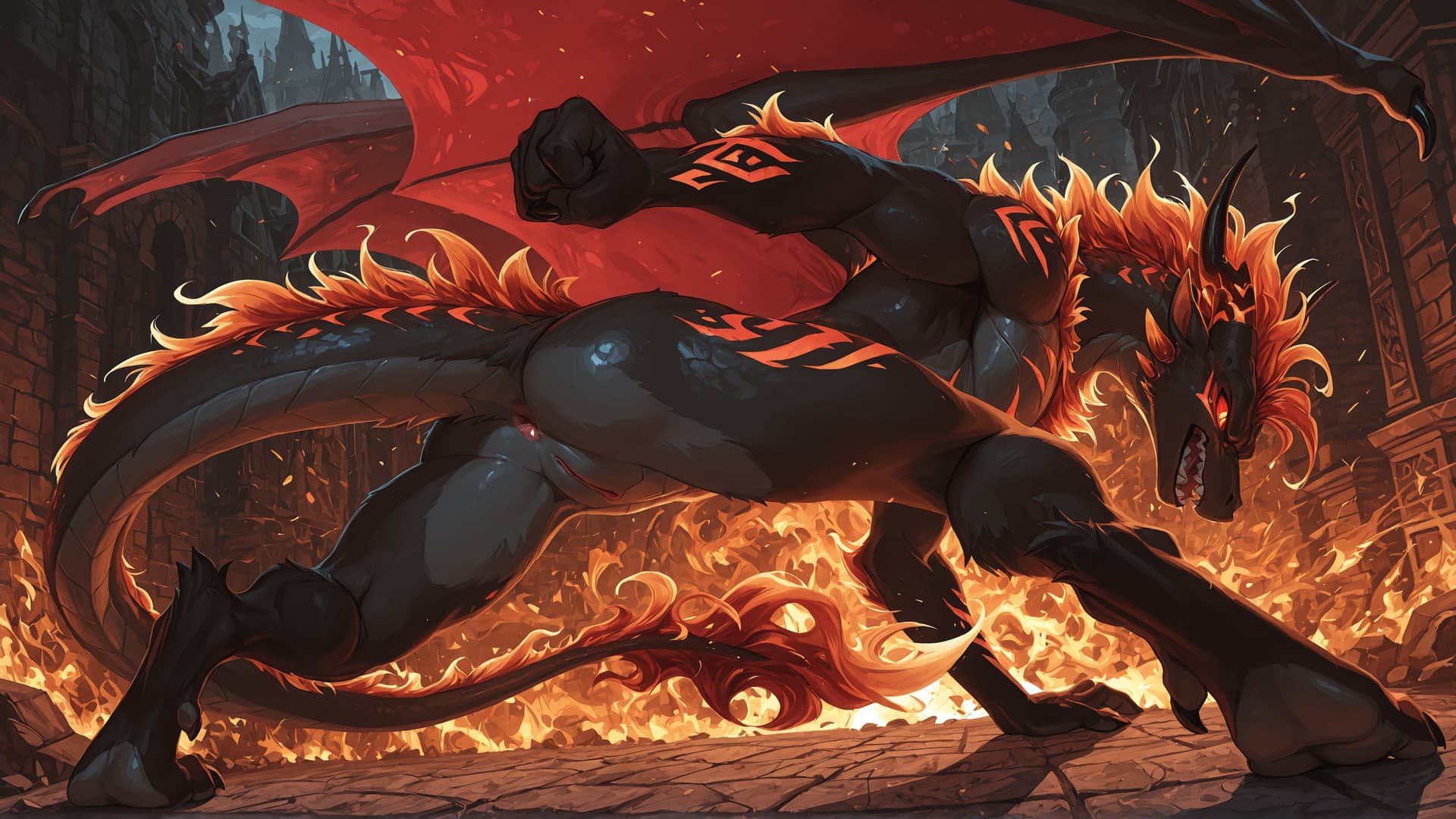 by_kluclew, solo, demonic, anthro, dragon, black_fur, furred_dragon, furry_tail, digitigrade, three_toes, clawed_feet, fire_mane, fire_spine, runic_markings, glowing_markings, angry, glowing_eyes, red