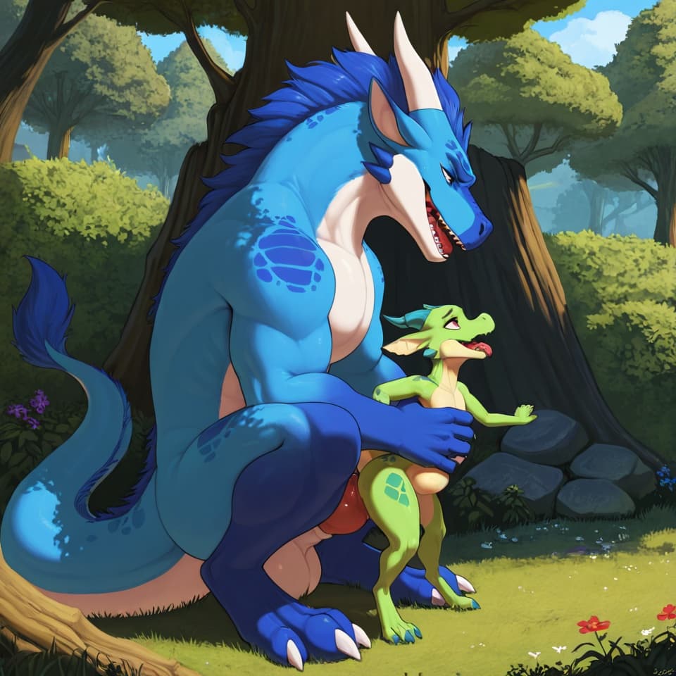 (Male dragon blue (feral:1.3)), +(female kobold green (feral:1.3)), male_penetrating, female_penetrated, fully_inside, size_difference, larger_male, extreme_size_difference, large_penetration,