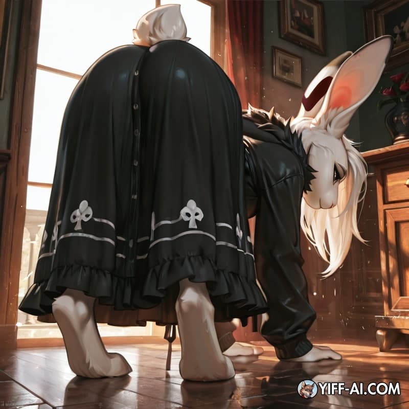 A fully white rabbit goth,femboy,ears fade to black and their paws are black