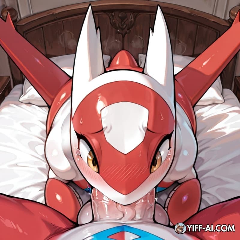Latias, big_penis, thick_penis, veiny_penis, big_balls, Saliva_on_penis, fellatio, deep_throat, steamy_breath, bedroom_sex, on_bed, male_pov, pov_blowjob, blush, close-up