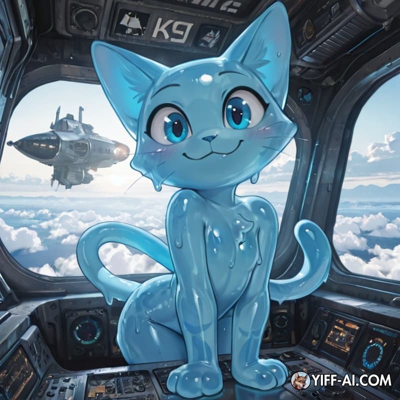 blue_skin, blue_eyes, blue_body, slime, cat, cat_tail, looking_at_viewer, spacecraft, smiling_at_viewer