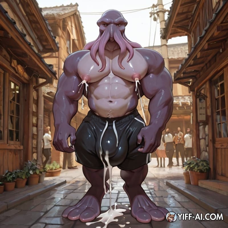 Male mindflayer with four tentacles; shorts, big_bulge, big_feet, standing, full_body, leaking_cum, ashamed, Hard nipples as thick, vessels big muscle, leaked milk out of nipples, hand stimulating nip
