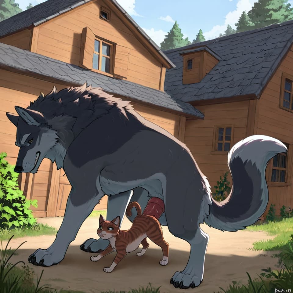 (Male wolf, huge, (feral:1.3), humanoid_penis), (female house_cat, (feral:1.3)), vaginal_penetration, feral_on_feral, feral_penetrating_feral, size_difference, larger_male,